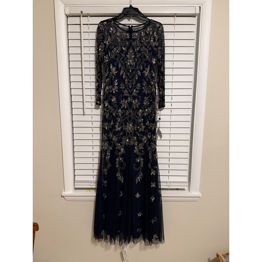 Adrianna Papell Midnight Blue Beaded Illusion Gown Dress Size 8 NWT